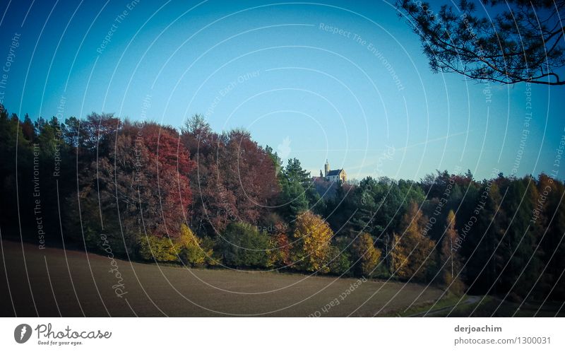 Herbstfarben .Wandern im schönen " Franken". Im Hintergrund die Burg Gößweinstein, etwas von Bäumen leicht versteckt. Freude ruhig Ausflug wandern Landschaft