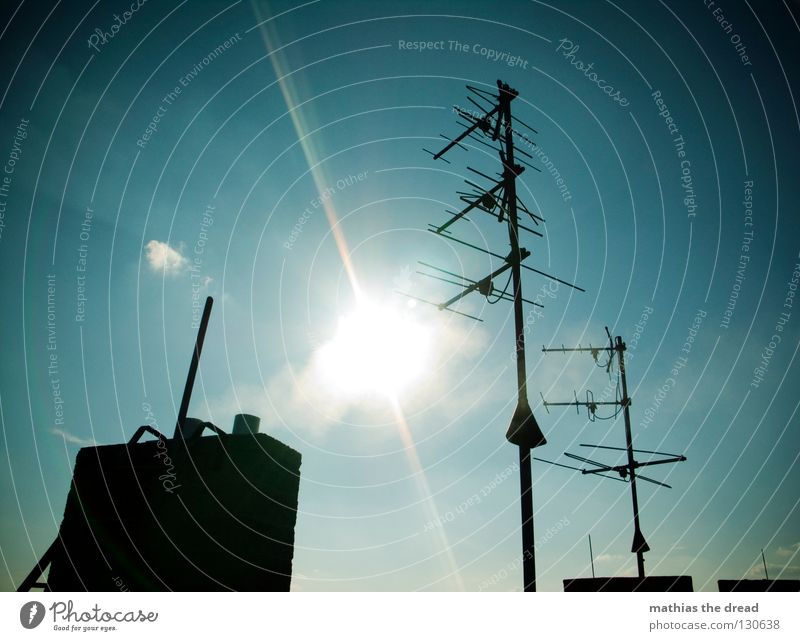 SONNENANBETER Dach Haus Gebäude Antenne Wellen Frequenz verzweigt Funktechnik Radiowellen streben Abgas Luft heizen Sommer Sonnenstrahlen Licht schön Wolken
