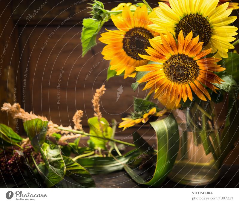 Vase mit Sonnenblumen Lifestyle Stil Design Leben Sommer Haus Garten Dekoration & Verzierung Tisch Natur Herbst Pflanze Blume Blatt Blüte Blumenstrauß gelb