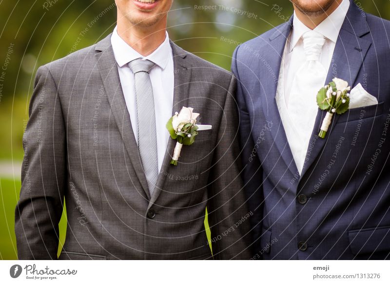 chic maskulin Junger Mann Jugendliche Erwachsene 2 Mensch 18-30 Jahre Blume Mode Krawatte grün elegant Anzug Anstecker Bräutigam Hochzeit Farbfoto Außenaufnahme