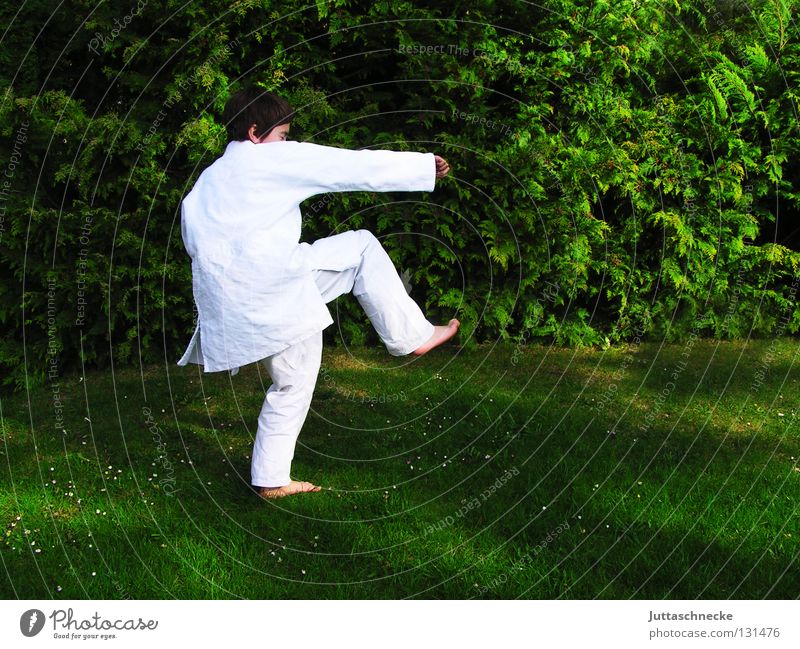Karate Kid Judo Kampfsport weiß grün Kind Junge üben Kick springen Kampfanzug Fußtritt treten Japan Samurai Zufriedenheit schlagen Sportveranstaltung Konkurrenz