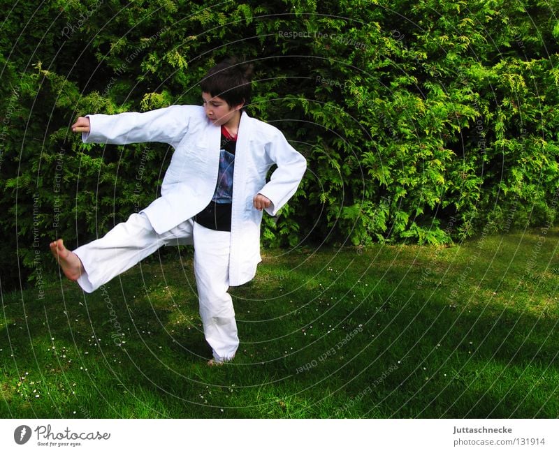 Derwisch Karate Judo Kampfsport weiß grün üben Kick springen Kampfanzug Fußtritt treten Japan Samurai Zufriedenheit schlagen Kämpfer Karateka Gegner kämpfen