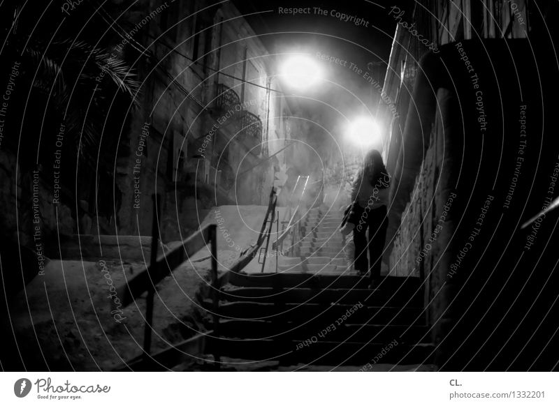 porto / durch die nacht Mensch feminin Frau Erwachsene Leben 1 Stadt Haus Mauer Wand Treppe Fußgänger Wege & Pfade gehen außergewöhnlich dunkel gruselig