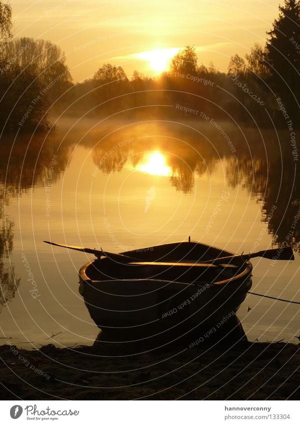 "Guten Morgen"-Idylle Wasserfahrzeug Ruderboot See Teich Sonnenaufgang Wasserspiegelung Nebel Tau ruhig Zufriedenheit Erholung Romantik Spielen Paddel Kiesteich