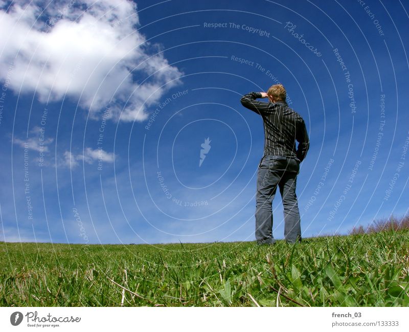 Ausblick im Frühjahr Mensch weiß See Denken gesichtslos maskulin Hand zyan Wolken schlechtes Wetter Froschperspektive Gras Wiese grün Halm Stroh stehen Himmel