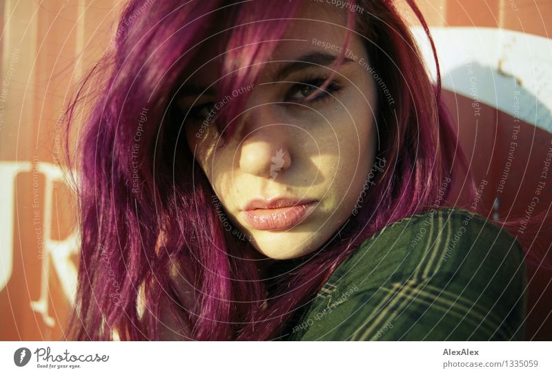 Drama - analoges Portrait einer jungen Frau mit violetten Haaren Flirten Junge Frau Jugendliche Gesicht Auge Lippen 18-30 Jahre Erwachsene Streifenkaro