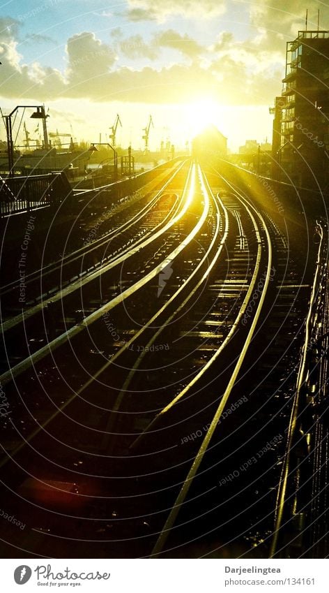 immer weiter Gleise Gegenlicht Sonnenuntergang U-Bahn S-Bahn Beleuchtung glänzend Strahlung vorwärts geradeaus Bahnhof Hamburg Himmelskörper & Weltall Hafen