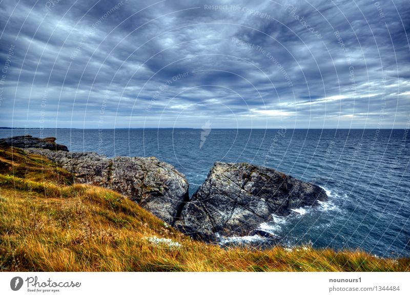 Meeresbrise Natur Landschaft Wolken Horizont Wetter schlechtes Wetter Wind Sturm Gras Wildpflanze Hügel Felsen Wellen Küste bedrohlich dunkel fantastisch blau