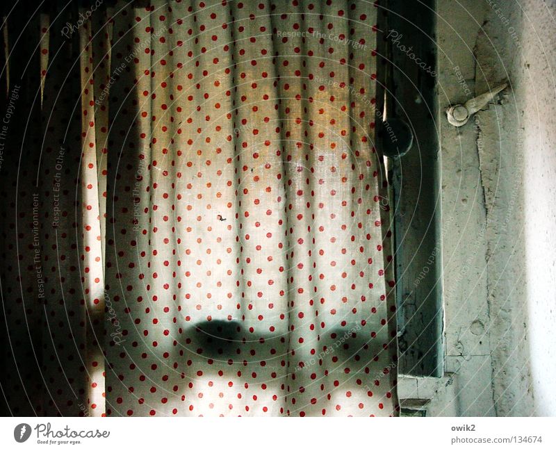 In der Kammer Fenster Windzug Belüftung Vorhang gepunktet Fensterrahmen schmal klein Toilette Faltenwurf Bad Detailaufnahme Haushalt offen Spalte undicht