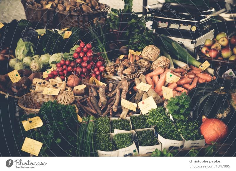 Diverses Gemüse auf Markt Bioprodukte Obst- oder Gemüsestand Lebensmittel Marktstand Salat Salatbeilage Petersilie Möhre Kiste Ernährung Vegetarische Ernährung