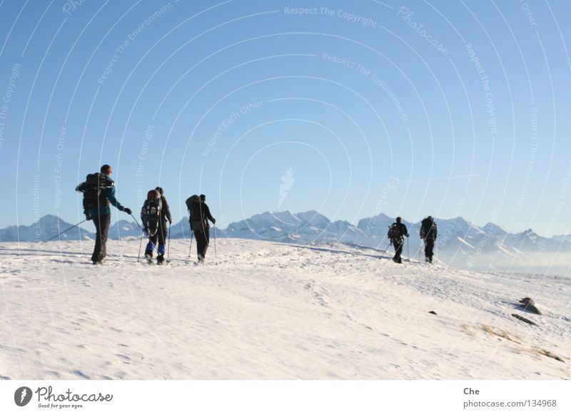 Unterwegs im Nirgendwo Ferien & Urlaub & Reisen Schneeschuhe Schweiz Bergkette Winter wandern Mann Wanderstock Einsamkeit hart Ferne verloren Aussicht kalt weiß