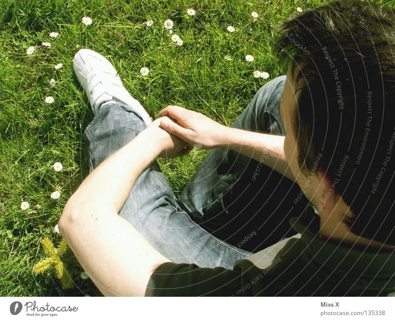 Alles Gute zum 30. Farbfoto Außenaufnahme Mann Erwachsene Arme Beine Frühling Blume Gras Wiese Denken träumen warten grün Liebeskummer Sehnsucht Blumenwiese