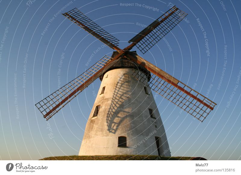 X in the sky Windmühle beeindruckend weiß Sonnenuntergang azurblau grün Fenster klein majestätisch erhaben historisch Himmel Anhöhe Schatten Flügel Don Quijote