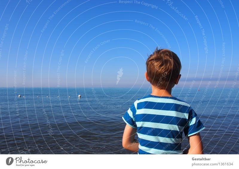 Junge schaut aufs Meer. Mensch maskulin Kind Bruder Kopf Haare & Frisuren Rücken 1 3-8 Jahre Kindheit Natur Landschaft Wasser Himmel Wolkenloser Himmel Sommer