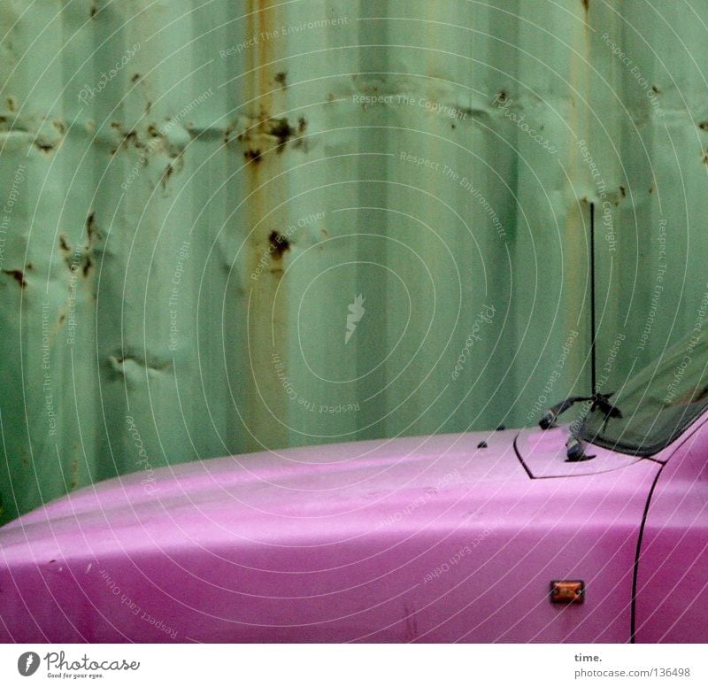 Das Schätzchen vom Hinterhof rosa Stahl Blech Windschutzscheibe Antenne parallel Motorhaube Kontrast grün KFZ Havanna lackiert Diva Vergänglichkeit Motorsport