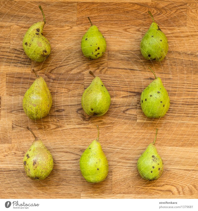 Neun Birnen, regelmäßig angeordnet auf einem Holztisch Lebensmittel Frucht Ernährung Essen Bioprodukte Vegetarische Ernährung Diät Slowfood Gesundheit Küche