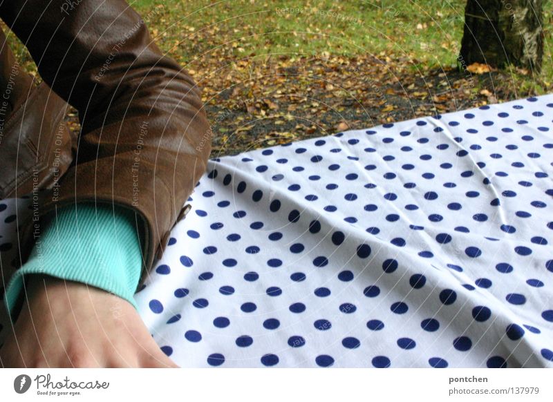 Unterarm mit angeschnittener arm liegt auf einer gepunkteten Tischdecke auf einem Tisch im Wald. Lederjacke. Picknick Erholung Mensch Hand Natur Herbst Blatt