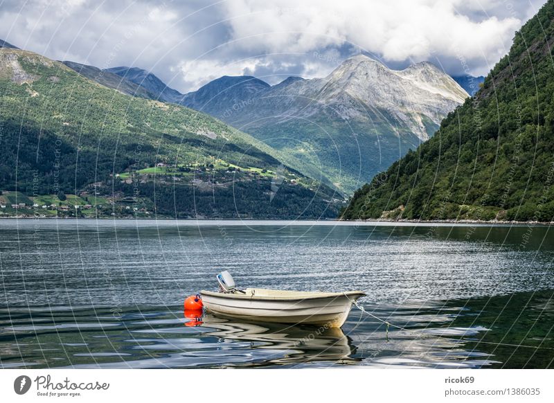 Boot am Storfjord Erholung Ferien & Urlaub & Reisen Berge u. Gebirge Natur Landschaft Wasser Wolken Fjord Motorboot Wasserfahrzeug Idylle Tourismus Norwegen