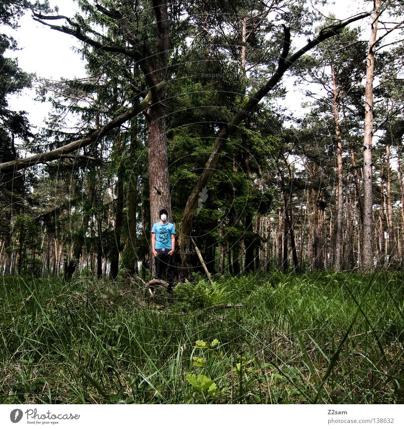 naturbursche Waldmensch Mann maskulin Baum Gras Wiese T-Shirt grün Umweltschutz Atemschutzmaske Luft standhaft stehen Natur blau Landschaft Farbe Kontrast Maske