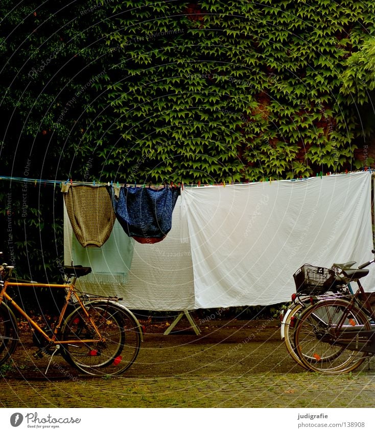 Waschtag Wäsche Wäscheleine Fahrrad Hinterhof Bettlaken Jacke Sauberkeit Sommer trocken trocknen Farbe Bekleidung Häusliches Leben festhalten Bauernhof