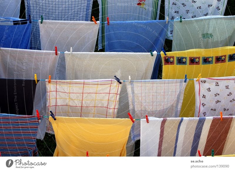 Alles sauber! Wäsche Wäscheleine trocknen Wäscheklammern Handtuch Sauberkeit rein duftig frisch gelb weiß Streifen Nachbar Bekleidung Seil Waschgang Trocknung