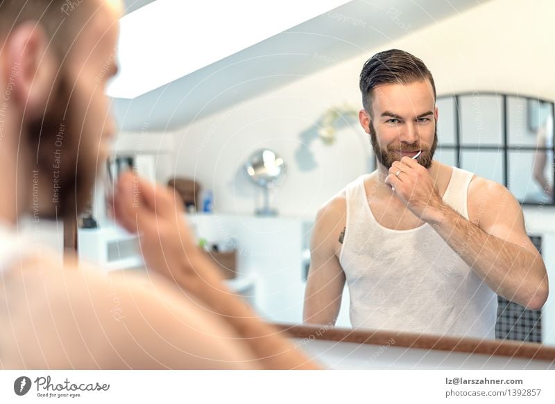 Sitzende Zähne des bärtigen Mannes im Badezimmer Gesicht Gesundheitswesen Spiegel Erwachsene Vollbart Zahnbürste modern Sauberkeit bürstend Pflege Karies