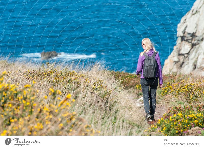 Bretonin in spe Ferien & Urlaub & Reisen Freiheit Sommer Meer wandern feminin Frau Erwachsene 30-45 Jahre Landschaft Wasser Gras Sträucher Bergheide Heide