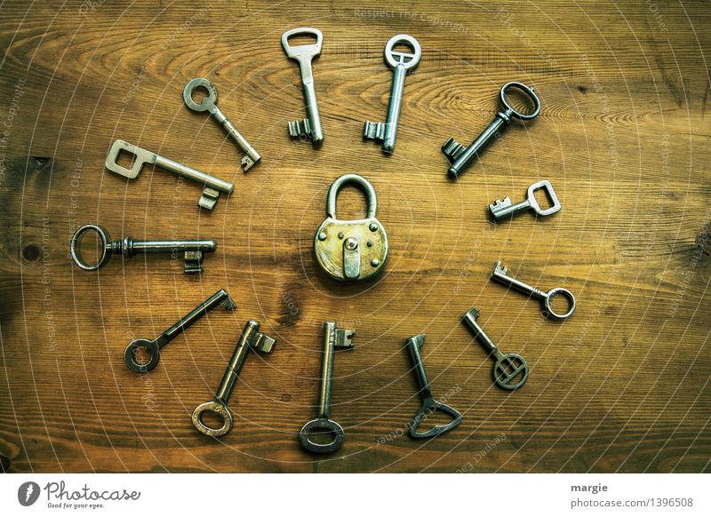 Verschlusssache: Unterschiedliche Schlüssel im Kreis angeordnet um ein Vorhänge - Schloss Sicherheitsdienst Vorhängeschloss Technik & Technologie Schlüsselloch