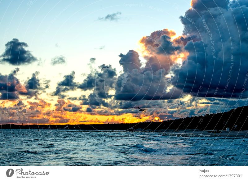Sonnenaufgang an der Ostsee Meer Natur Wolken Sonnenuntergang blau rot schwarz Romantik Himmel dramatisch wild Schauspiel golden Brandung Küste Polen Farbfoto