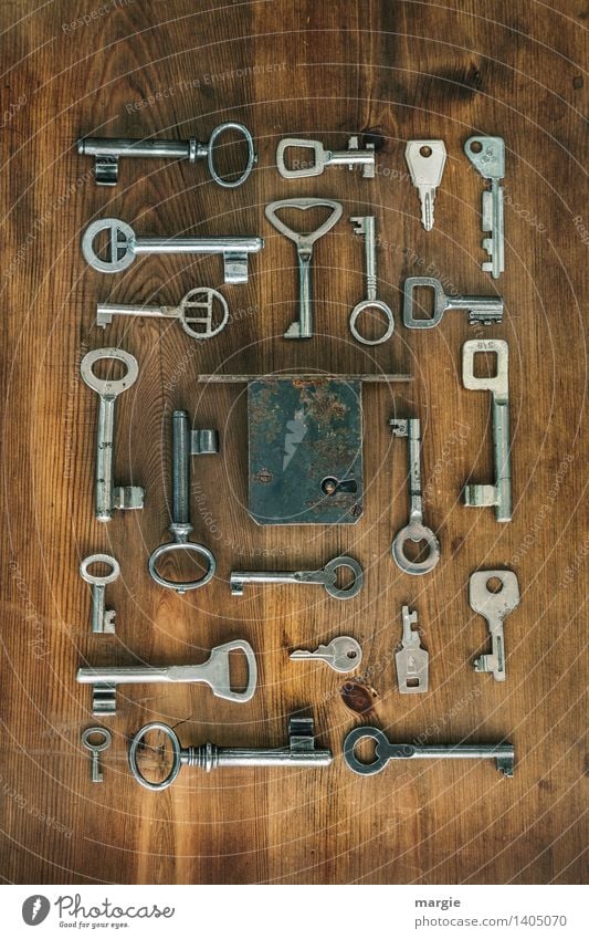 Schlüsselgewalt: Einer passt! Viele unterschiedliche Schlüssel sind um ein Tür- Schloss geordnet Beruf Handwerker Schlosser Werkzeug Technik & Technologie Holz