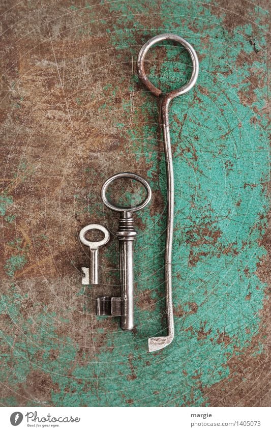 Familie Dietrich Arbeit & Erwerbstätigkeit Beruf Handwerker Werkzeug Technik & Technologie Metall braun grün silber türkis Schlüssel aufmachen Autotür antik