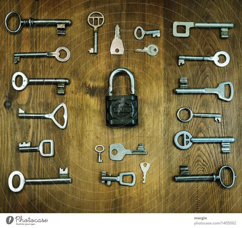 Einer passt! Viele unterschiedliche Schlüssel sind um ein Vorhänge - Schloss geordnet Beruf Handwerker Schlosser Schlosserei Dienstleistungsgewerbe Werkzeug