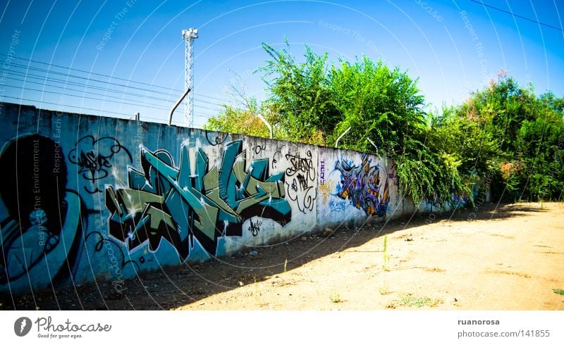 Graff Buchstaben Kunst Gemälde Wand Baum Himmel Sand Hürde Graffiti Kunsthandwerk Farbe Ausstrahlung Mauer Spray blau Boden Muster
