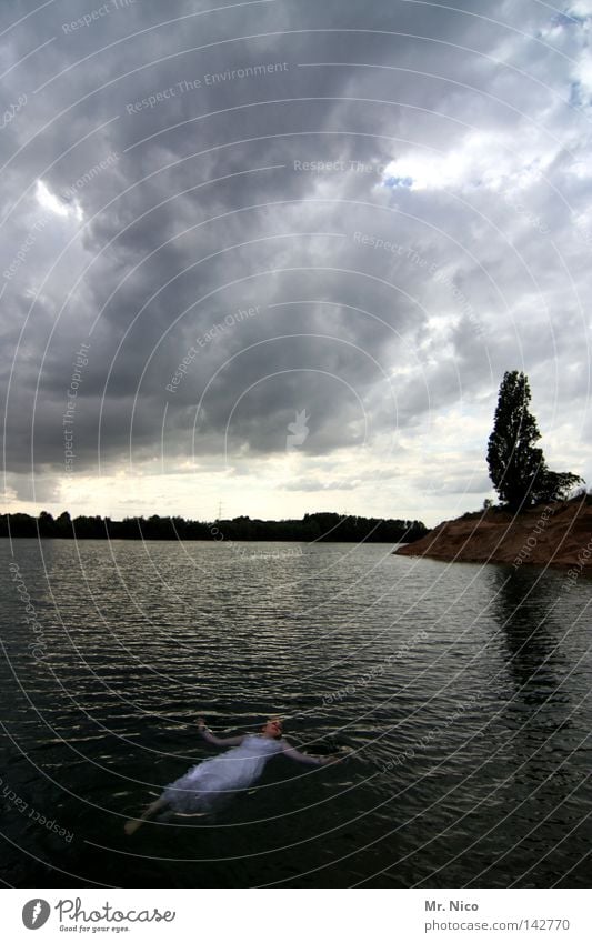 Sterbender Schwan dunkel Licht Wolken Wolkenwand Gewitterwolken See Wellen Frau Kleid Brautkleid Im Wasser treiben Wetter Unwetter Sturm grau Baum weiß