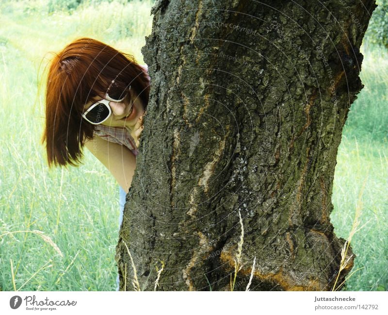 Mein Freund der Baum Frau Baumstamm Baumrinde Brille Sonnenbrille Natur Tier Freude lachen Gute Laune Sommer Wiese Feld verstecken verborgen Versteck
