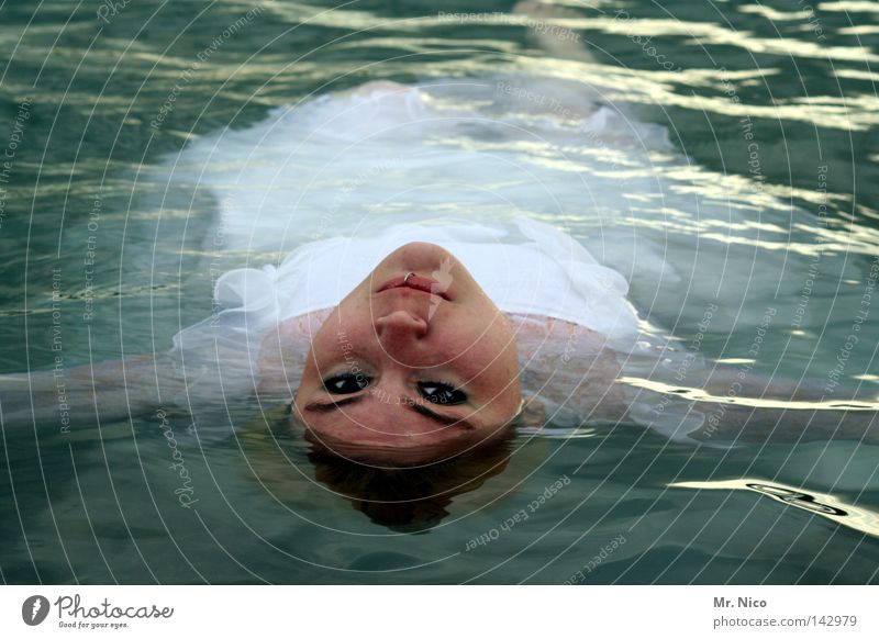 WasserFee Meerjungfrau Nixe Rückenschwimmen See Teich Frau Brautkleid weiß unschuldig Trauer bewegungslos Wasseroberfläche feminin schön geheimnisvoll ruhig