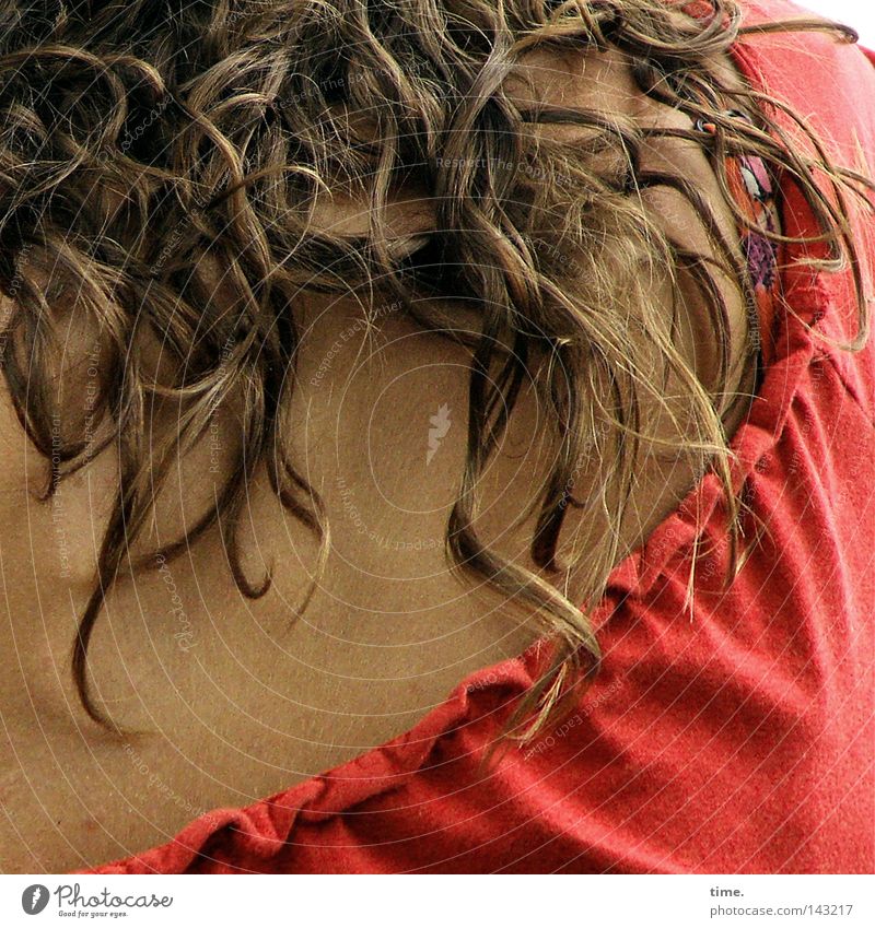 Seute Logge Haare & Frisuren Haut feminin Frau Erwachsene Rücken Bekleidung T-Shirt Hemd Stoff Locken fallen braun rot zerzaust durcheinander kraus Faltenwurf