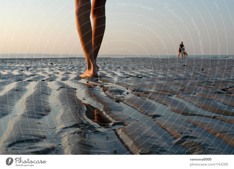 Fuß für Fuß Italien Ferien & Urlaub & Reisen Sand Strand Meer Wasser Himmel Sonnenaufgang Beine Mensch Frau Kinderwagen Furche Wasserlinie stehen ruhig