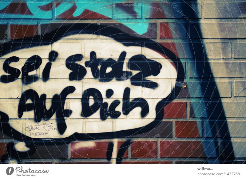 Sei stolz auf dich. ... Einer muss ja.   ,-) Subkultur Schriftzeichen Graffiti selbstbewußt Stolz Mauer Wand Sprechblase Text Buchstaben schäbig