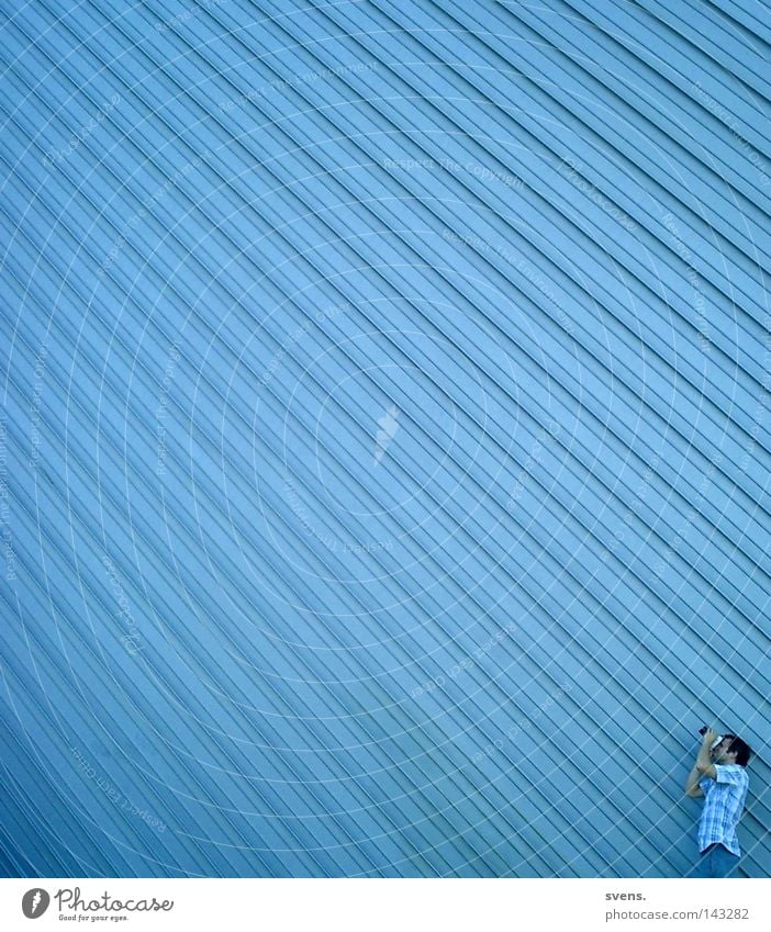 Fotografenperspektive Perspektive Industrie Linearität blau beobachten Fabrikhalle Blechwand Streifen Perpektive Architektur