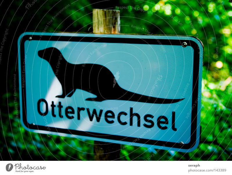 Otter Crossing Piktogramm Symbole & Metaphern Straßennamenschild Verkehrsschild Information Hinweisschild Rechteck graphisch Buchstaben Typographie Blechschild
