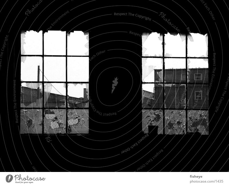 Zwei Fenster Gitter gebrochen Ruine Scherbe historisch Glas Schwarzweißfoto