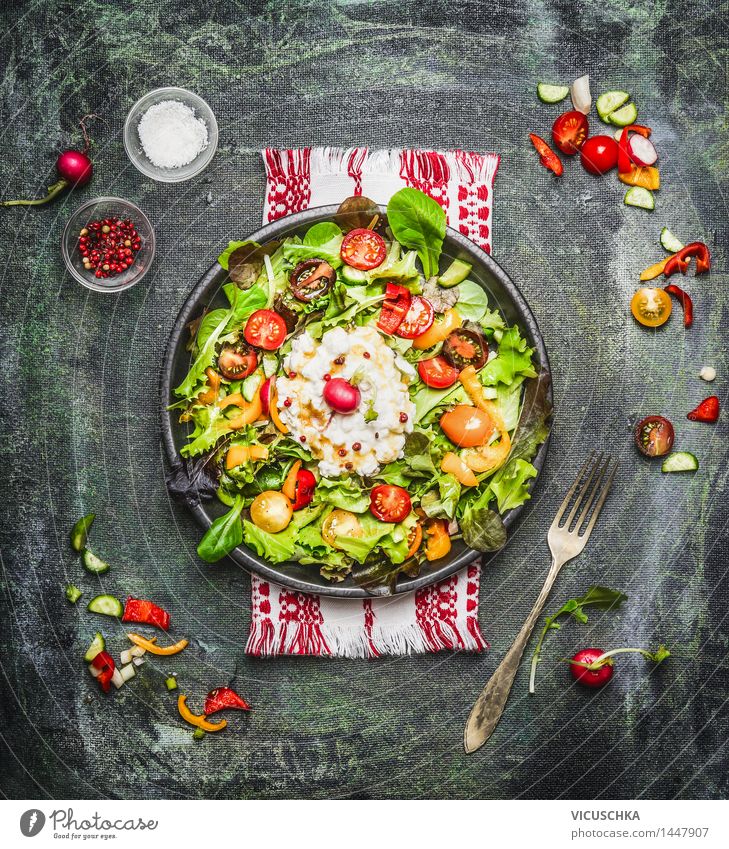 Köstlicher Salat mit Hüttenkäse und Tomaten Lebensmittel Gemüse Salatbeilage Kräuter & Gewürze Ernährung Mittagessen Abendessen Bioprodukte