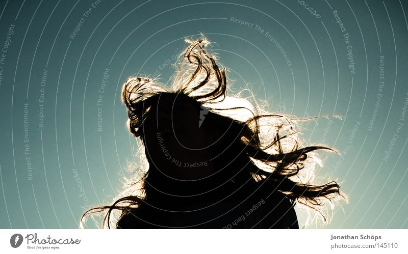 Silhouette einer jungen Frau mit langen wehenden Haaren vor Himmel Freude Haare & Frisuren Leben Sonne Erwachsene Wind Sturm Bewegung springen Glück
