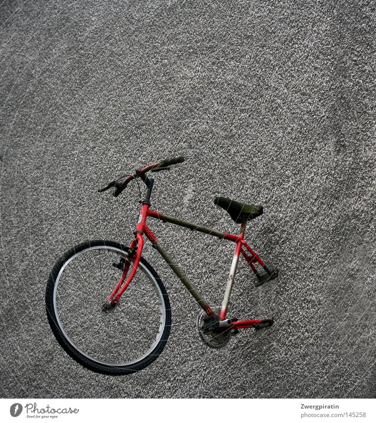 Die bessere Hälfte Wand grau trist Langeweile dreckig Fahrrad Fahrradlenker Fahrradsattel Rad Reifen Speichen Pedal rot grün schwarz hängend schrauben