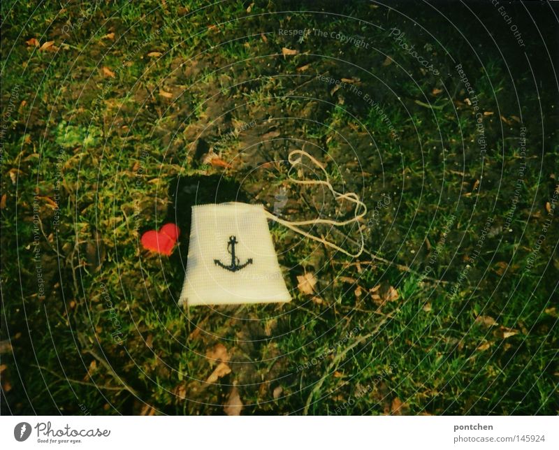 Eine  kleine Tasche bedruckt mit einem Anker liegt im Gras neben einem roten Herz aus Plastik. Liebe und treue. Polaroid Design Natur Erde Herbst Blatt Park