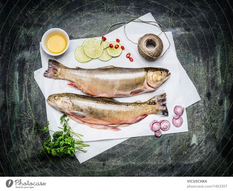 Roher Fisch auf weißem Papier mit Zutaten fürs Kochen Lebensmittel Kräuter & Gewürze Öl Ernährung Mittagessen Abendessen Festessen Bioprodukte