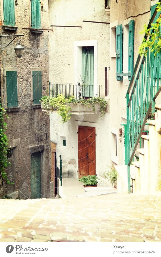 Gasse mit Häusern und Treppe in Limone Dorf Haus Fassade Balkon grün Idylle Urlaubsort ruhig Urlaubsstimmung Sommer Italien Außenaufnahme Menschenleer Tag