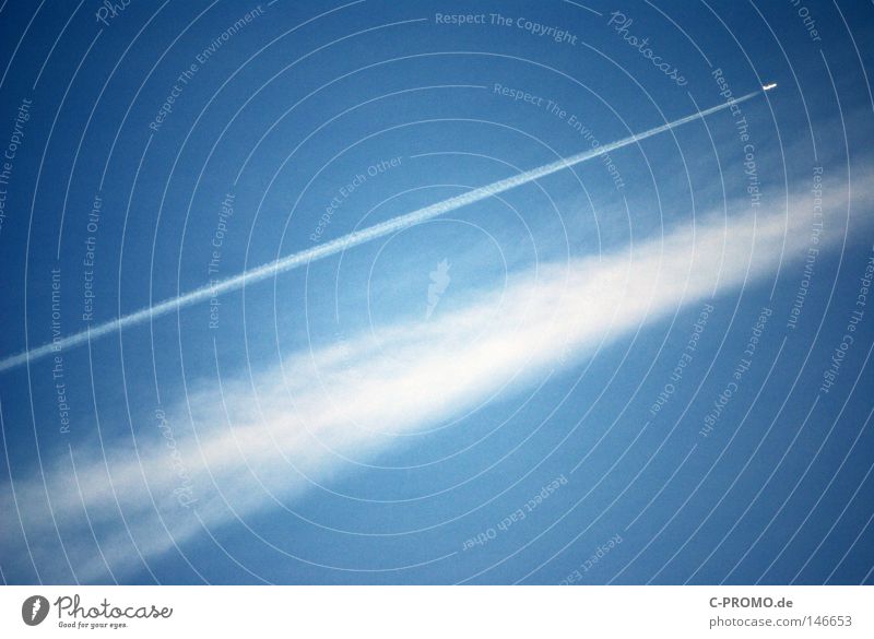 Parallel shift on sky Flugzeug Himmel Wolken Kondensstreifen Klimawandel Ferien & Urlaub & Reisen fliegen Pilot diagonal Luftverkehr