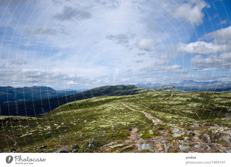 Wanderweg im Rondane Nationalpark in Norwegen Hügel Berge u. Gebirge Pfad Aussicht Panorama (Aussicht) Landschaft Felsen Natur wandern Ferne Tourismus Gipfel